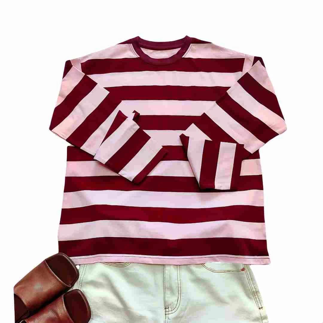 猫之异彩-经典新款拼色条纹潮牌青春减龄圆领宽松慵懒多巴胺上衣