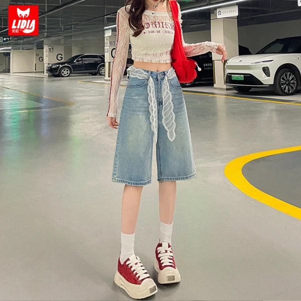 浅色五分牛仔短裤女夏季薄款蕾丝高腰显瘦直筒百搭宽松阔腿中裤子