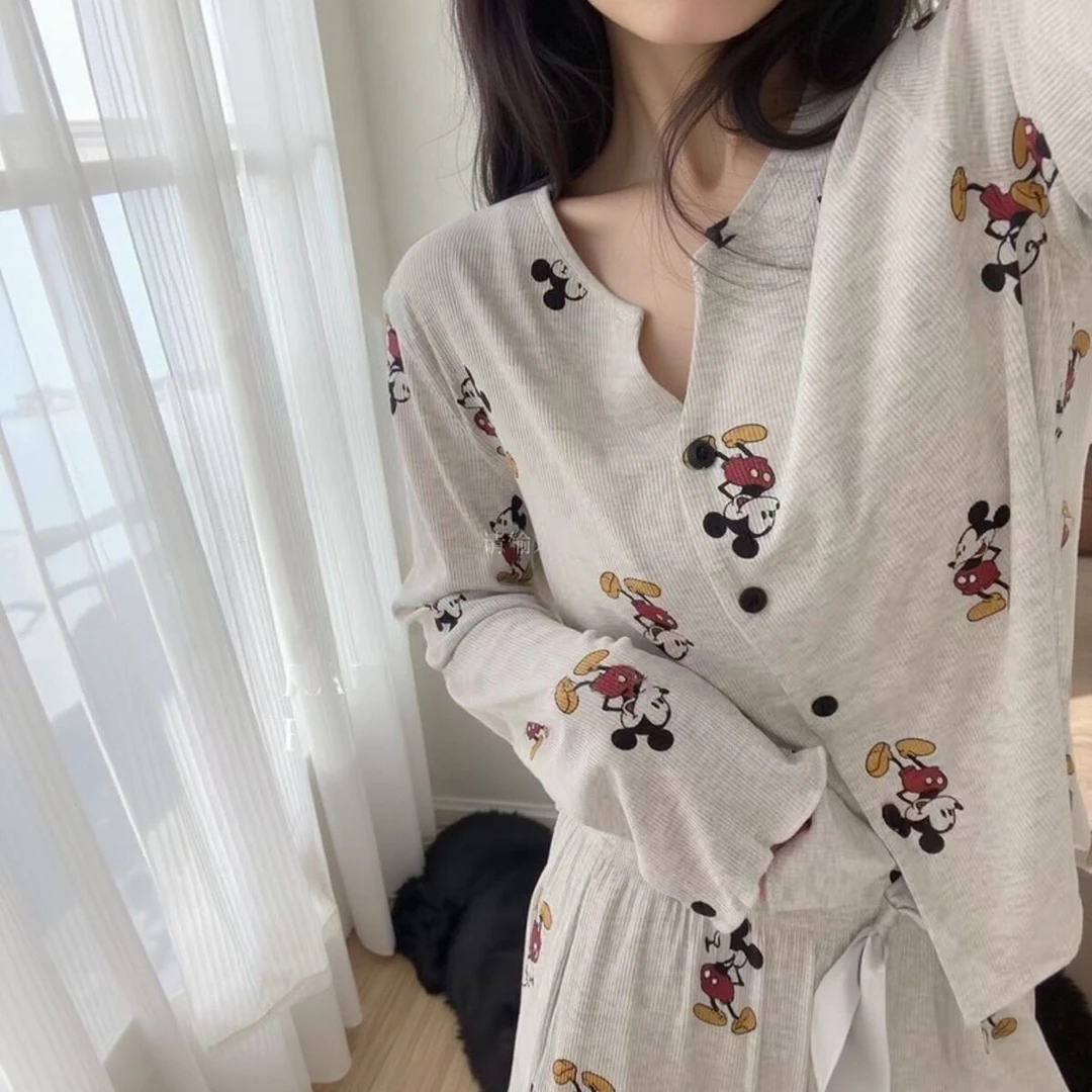 2025卡通可爱米奇亲肤螺纹莫代尔睡衣女长袖长裤春秋季家居服套装