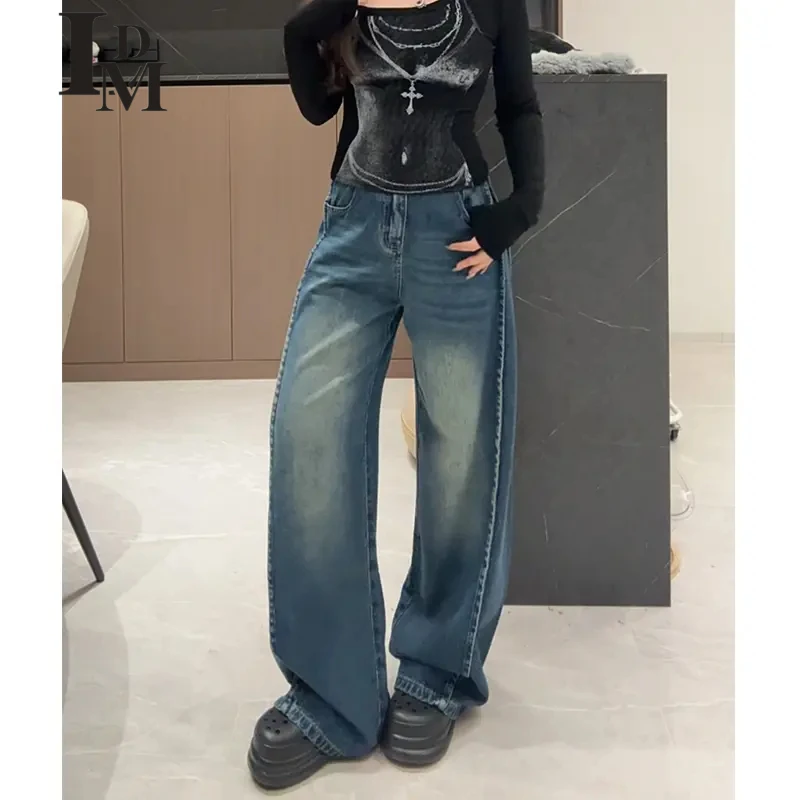 LDM/靓迪梦美式复古阔腿牛仔裤女2025新款高腰宽松显瘦百搭裤子