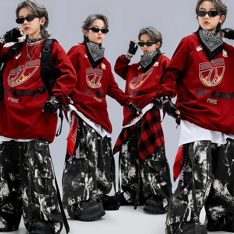街舞儿童潮服元旦演出服男童酷帅红色套装hiphop女童架子鼓表演服