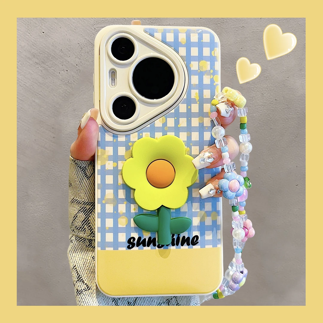 适用华为pura70pro+手机壳mate70pro+女小清新格纹立体花朵指环扣