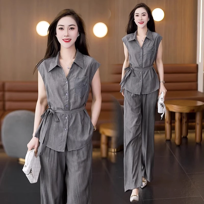 时尚气质套装女2025夏季新款洋气遮肉显瘦衬衫阔腿裤冰丝两件套潮