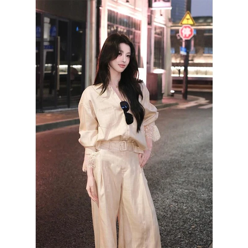 2025开春大方得体穿搭老钱风气质高级感杏色蕾丝衬衫阔腿裤子套装