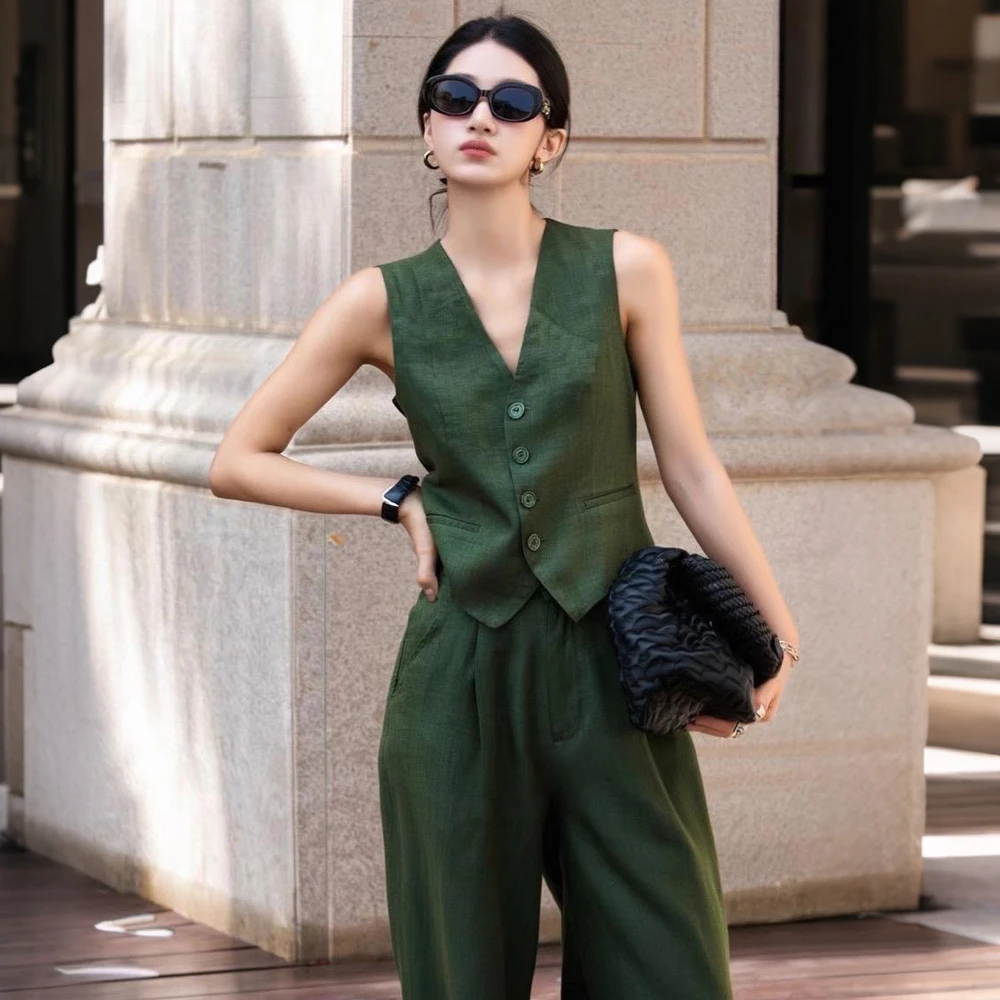 现货 2025夏季新款绿色亚麻套装 气质度假老钱风马甲阔腿裤两件套