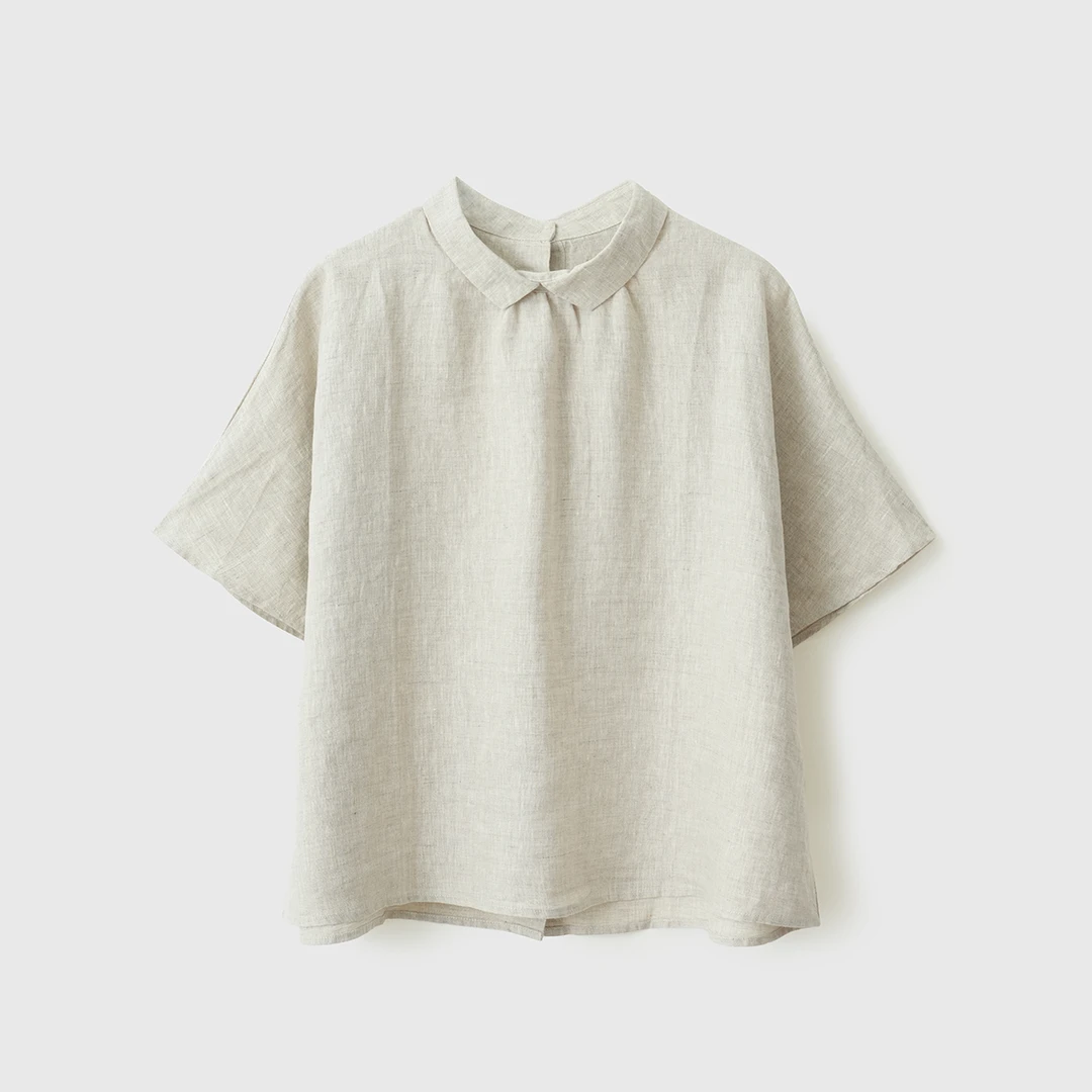 100%亚麻法国雨露麻 夏季女士后背扣娃娃领甜美显瘦短袖衬衫衬衣