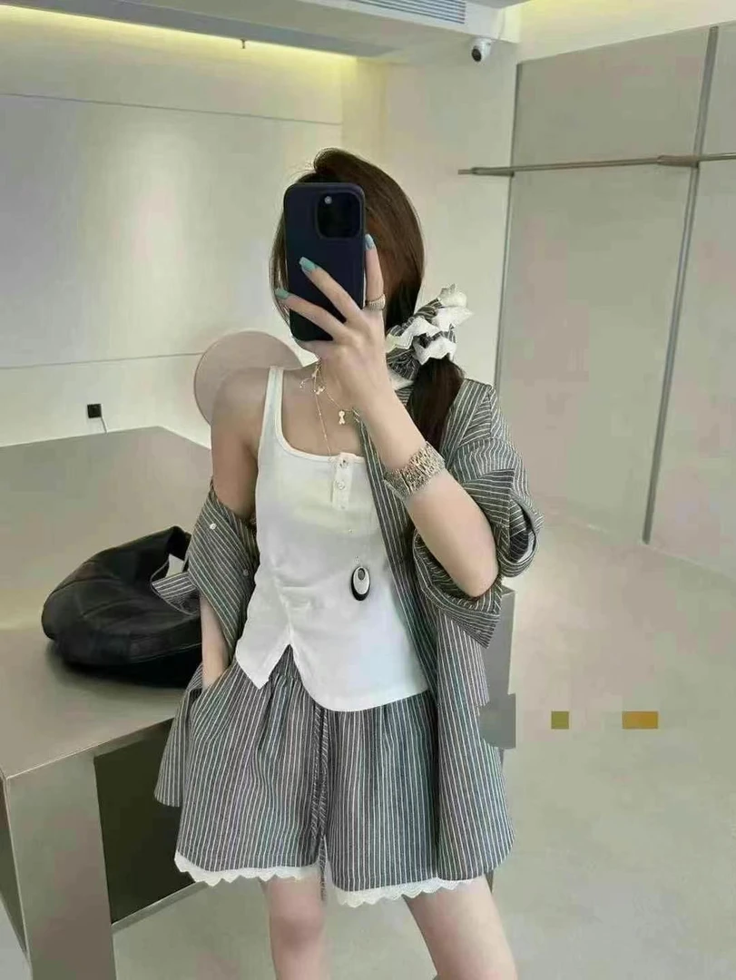 宽松条纹衬衣背心短裤配发带时尚四件套春夏新款