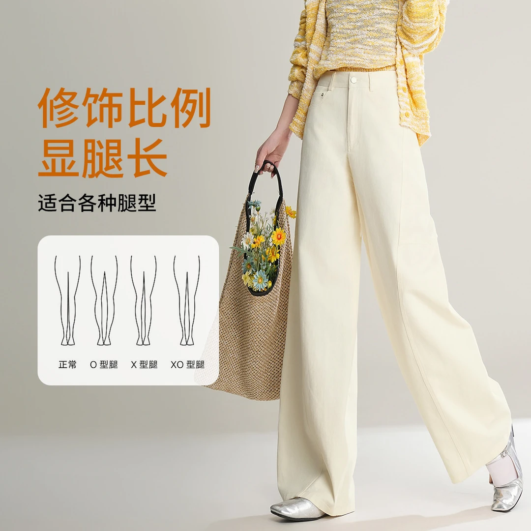 白鹿语25春款无弹宽松气质全棉纯色长裤女装休闲裤BY20277
