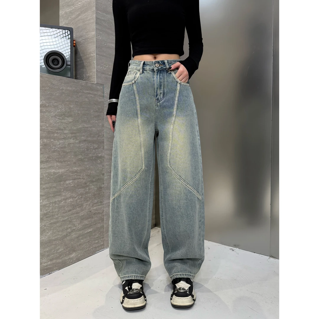 7625-浅蓝【N5专享】早春新款水洗浅蓝破骨线条大阔腿弯刀牛仔裤女