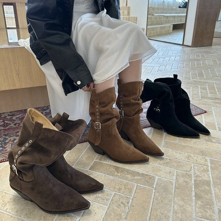 草原野性美！法式美拉德尖头粗跟西部牛仔靴女复古磨砂中筒堆堆靴