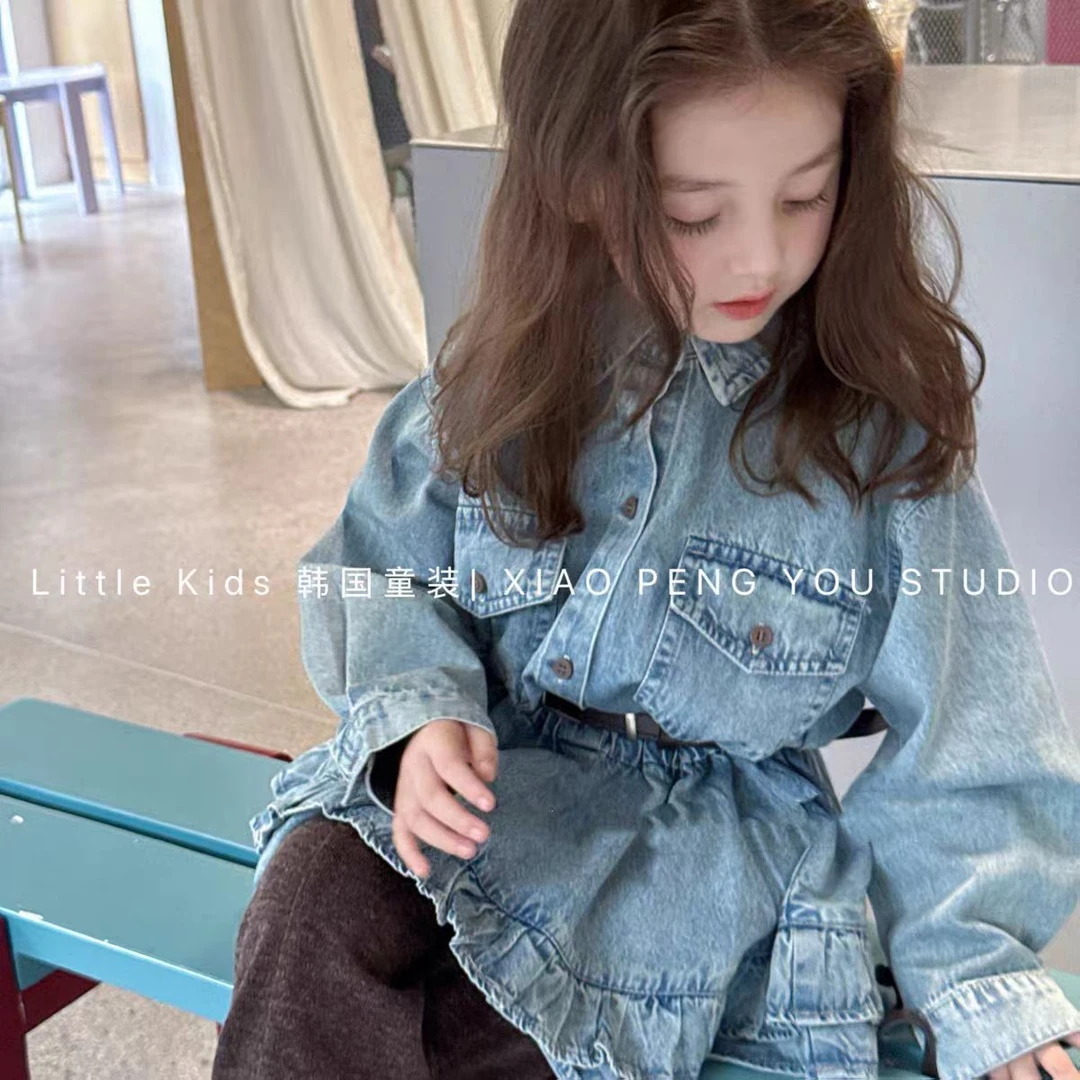 女童复古风牛仔连衣裙儿童polo领长袖百褶A字裙洋气学院风裙子潮9