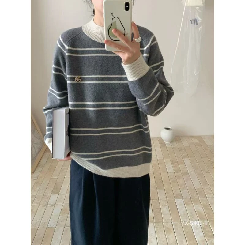 新款半高领套头毛衣经典条纹保暖针织衫5806-1