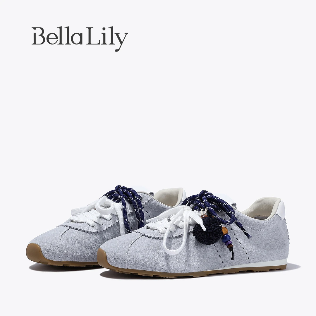 BellaLily2025秋季新款小众个性德训鞋双系带挂件休闲鞋牛皮女鞋