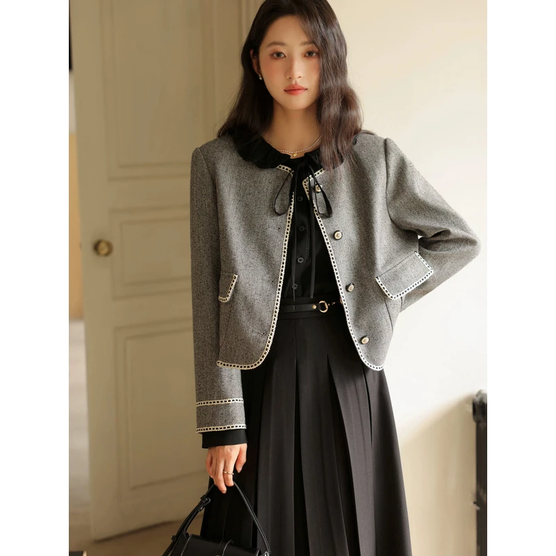 瞌睡兔小香风垫肩圆领外套女春A字高腰显瘦黑色长裙套装