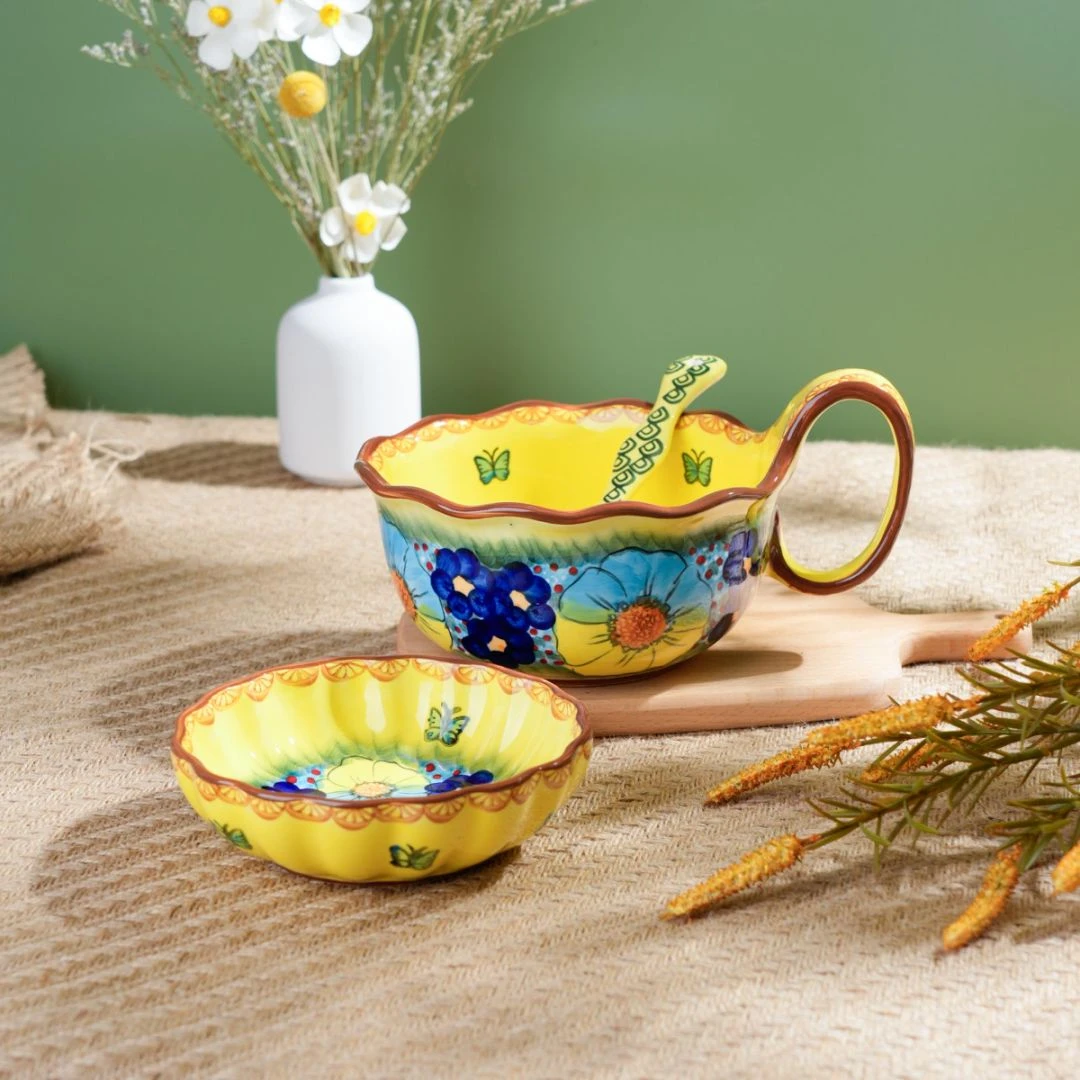 新疆包邮【琉璃黄】家用釉下彩曲把碗三件套