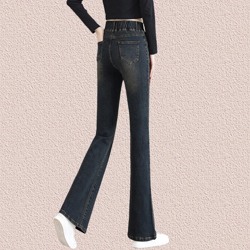 牛仔裤女款爆款2025新款松紧腰微喇裤女春季大码高腰马蹄喇叭裤子
