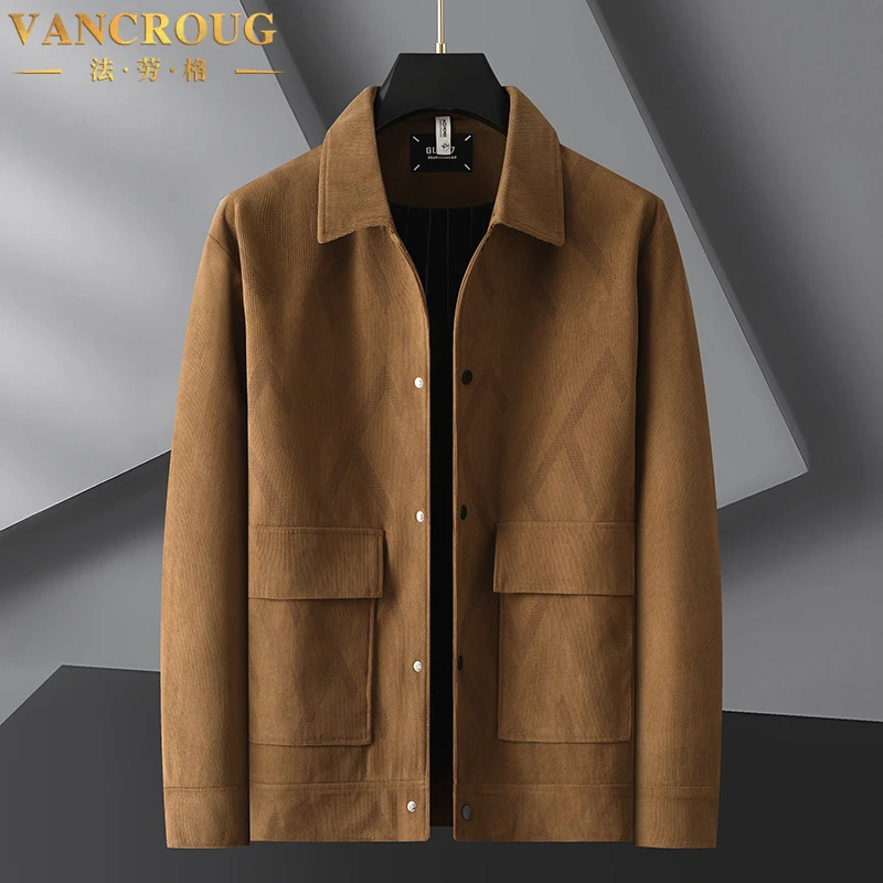 VANCROUG/法劳格夹克男士秋冬翻领时尚休闲宽松大码潮流工装外套