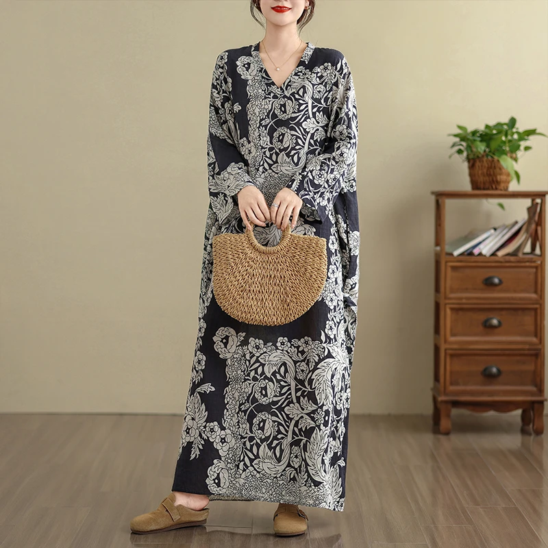 捡漏~外贸女早秋新款花色度假风旅游圆领复古长裙遮肉棉麻连衣裙