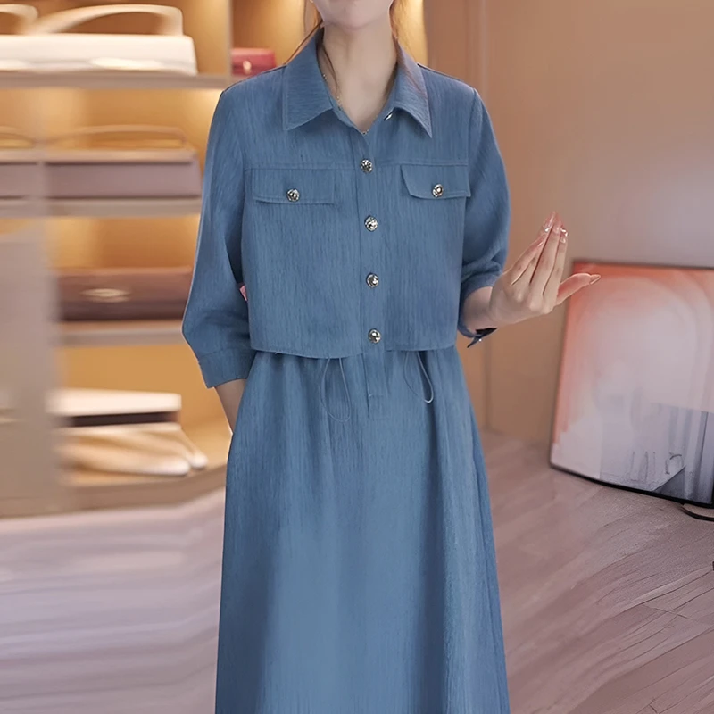 时尚连衣裙女2025春秋新款洋气显瘦假两件拼接衬衫两件式拼接翻领