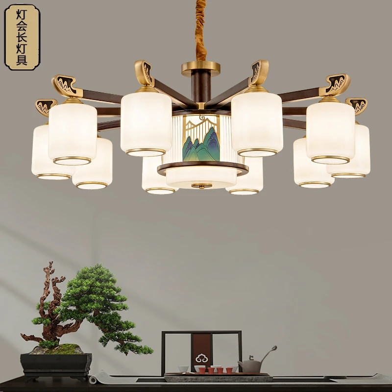 新中式朝下吊灯千里江山实木客厅灯中国风禅意餐厅卧室吸顶灯6302
