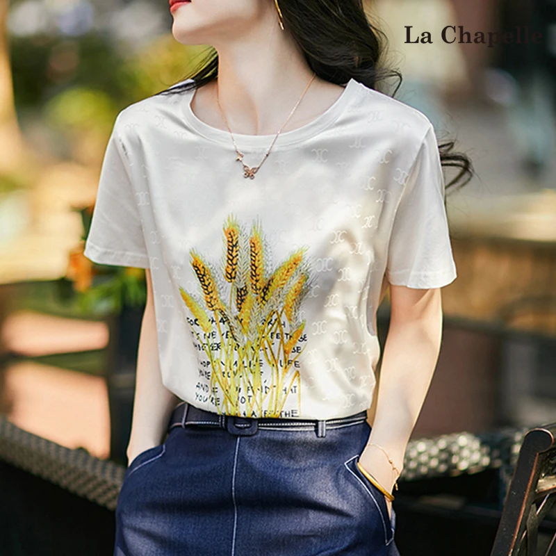 拉夏贝尔短袖T恤女2025夏季天然淳朴麦穗字母印花白拼接正肩上衣