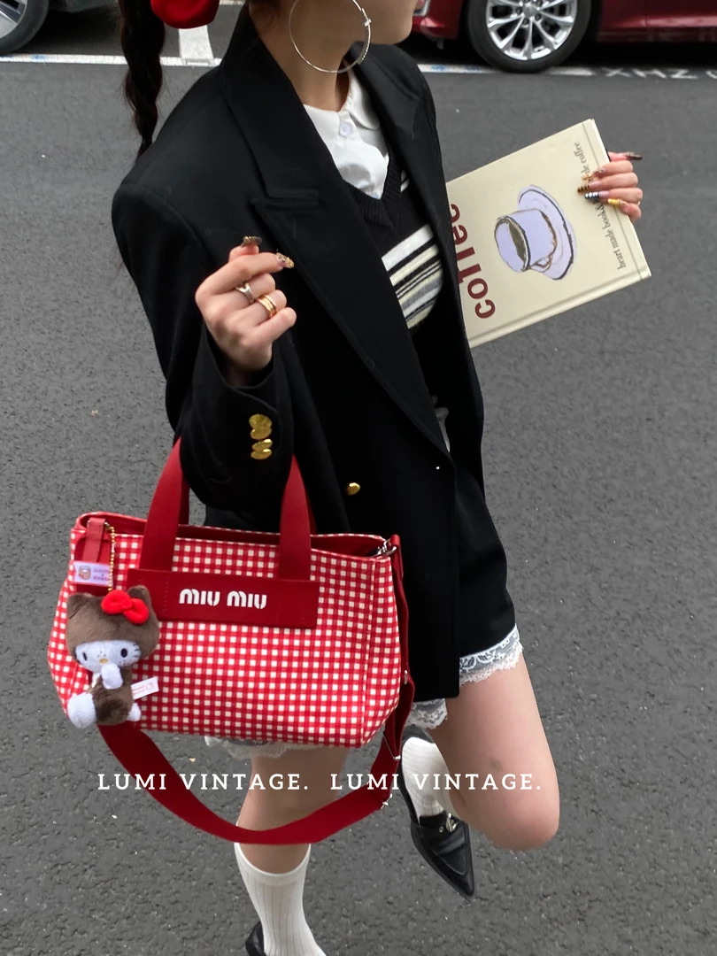 95新 MIU MIU/缪缪 红色格纹沙滩包 78304477