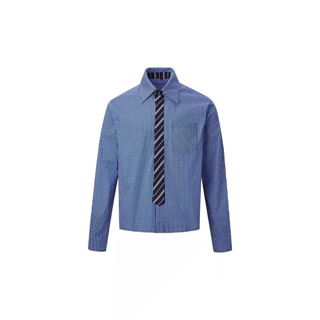 秋季新黄金搭配领带拼接格子长袖衬衫老钱风休闲短袖衬衣何与同款