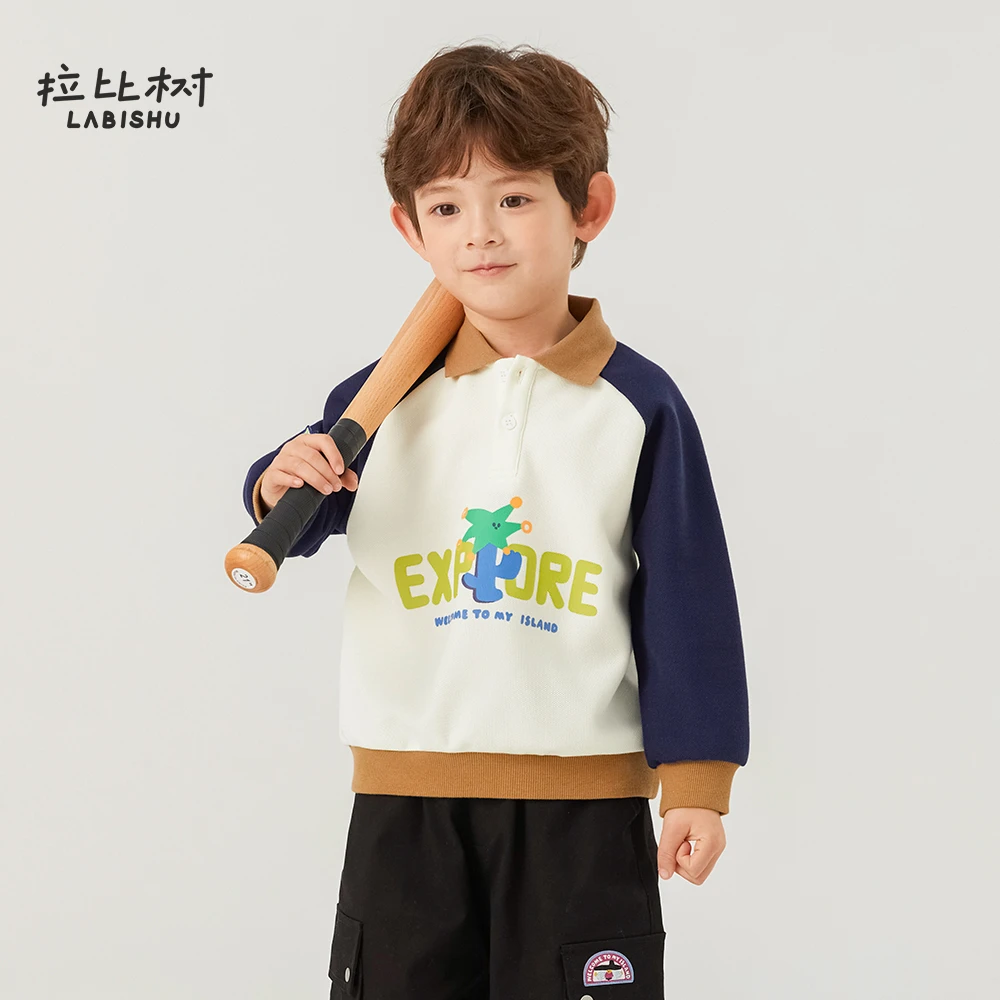 拉比树休闲polo领长袖卫衣儿童男童2025春季宝宝卡通印花百搭卫衣