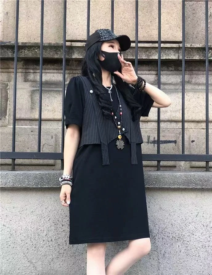 夏季新款复古高级感宽松休闲黑色假两件直筒连衣裙