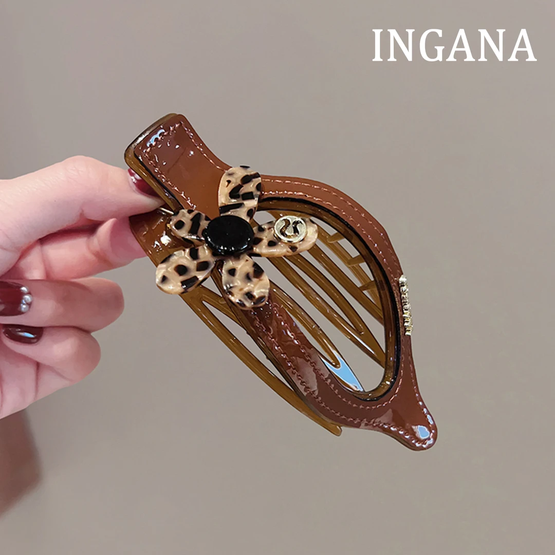 豹纹花朵鸭嘴夹扁平发夹后脑勺盘发抓夹琥珀流光防滑头饰女发饰