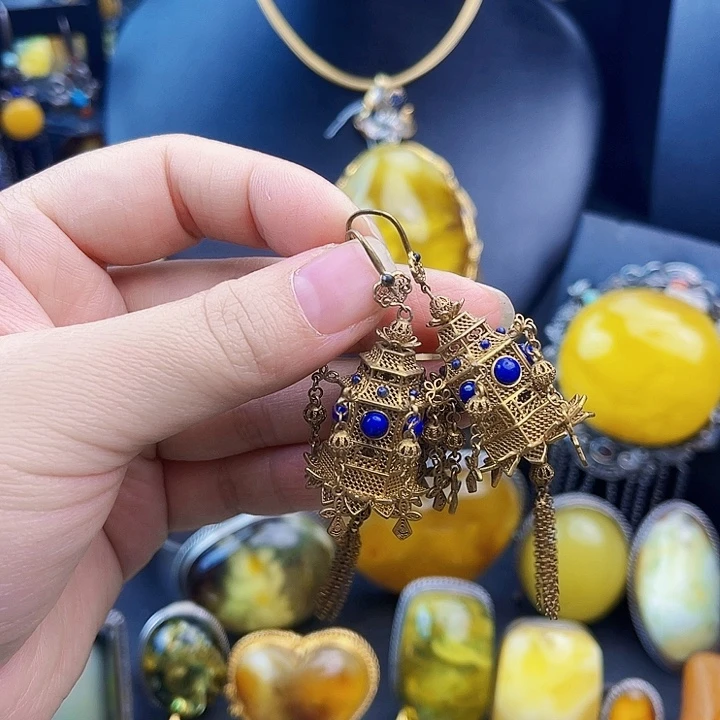 青金石银S925镶嵌耳饰