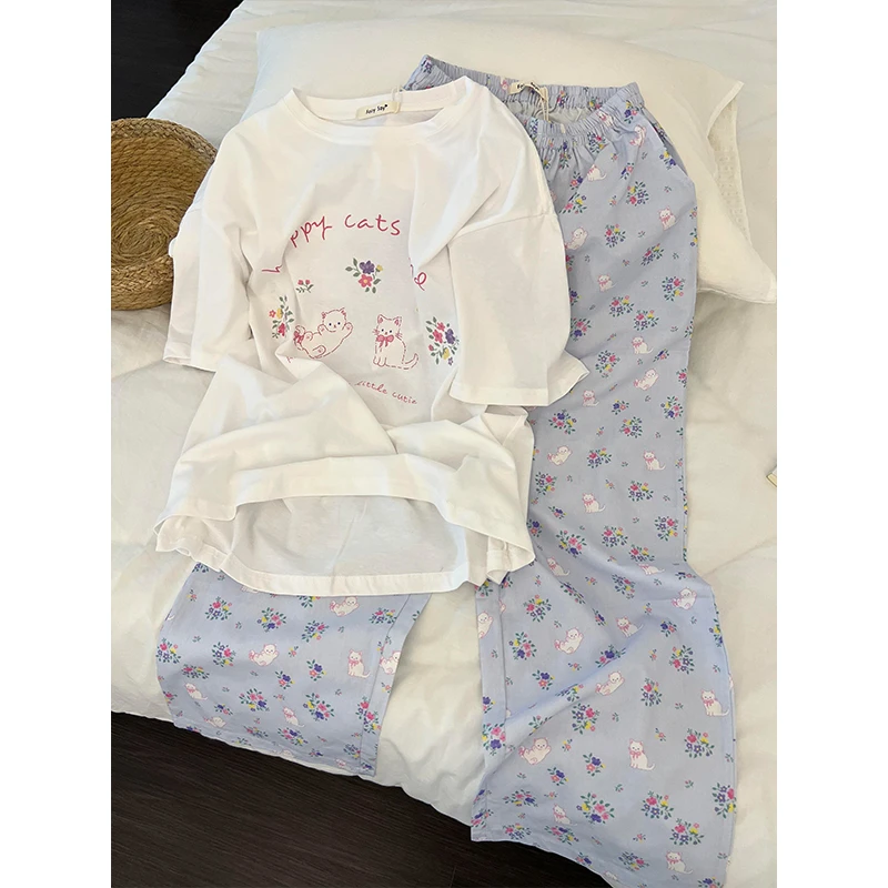【花朵猫咪】韩系甜美可爱睡衣女夏季新款短袖长裤可外穿家居服套装