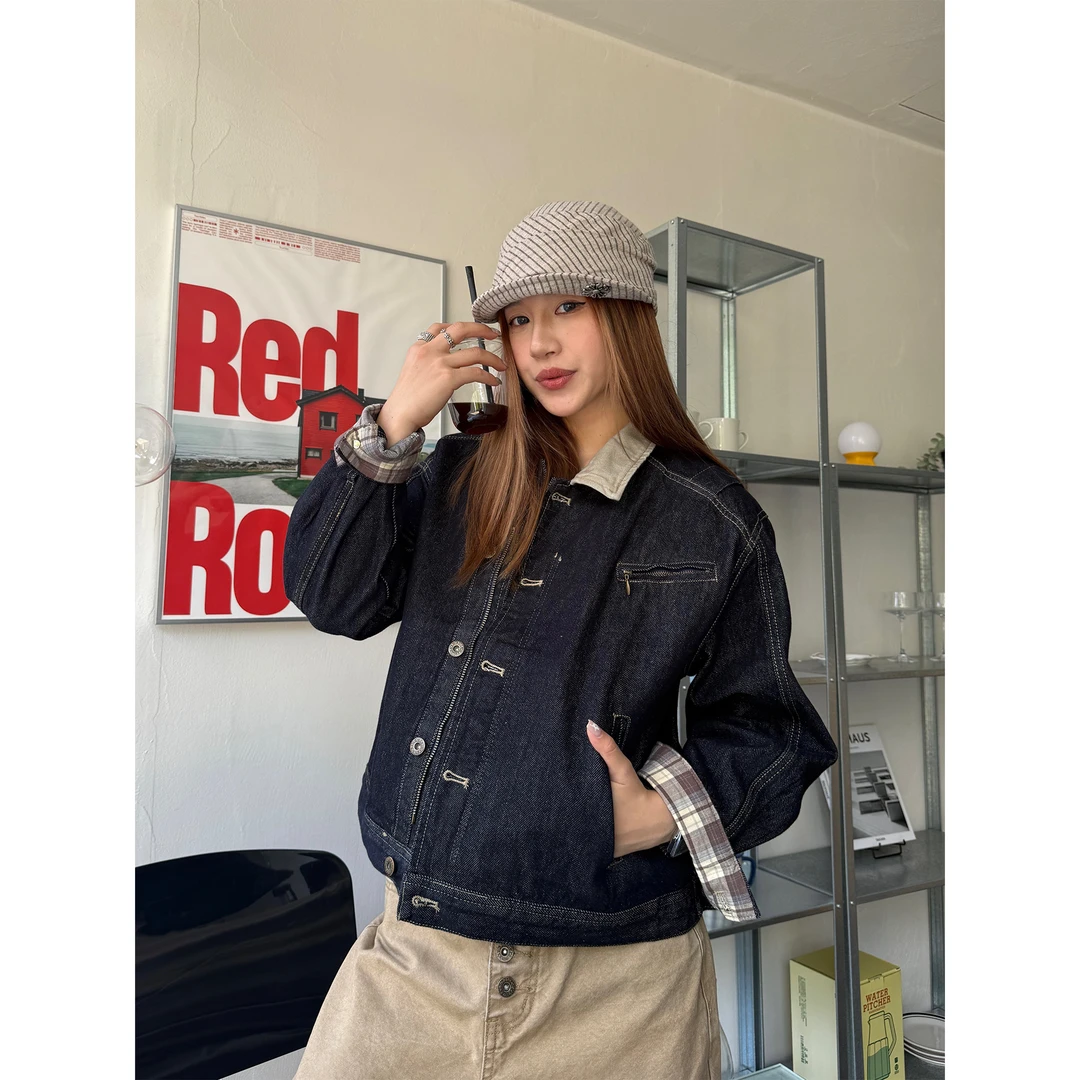 川川也家美式复古拼接格子丹宁牛仔外套男女宽松休闲街头小众