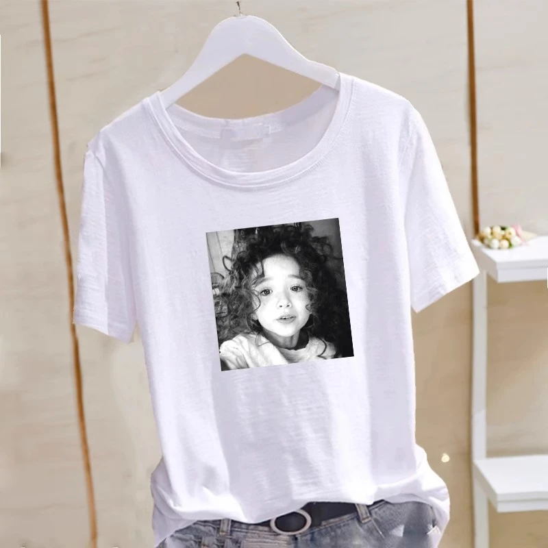 夏季新款韩版半袖宽松上衣短袖女T恤正肩竹节棉头像印花休闲时尚