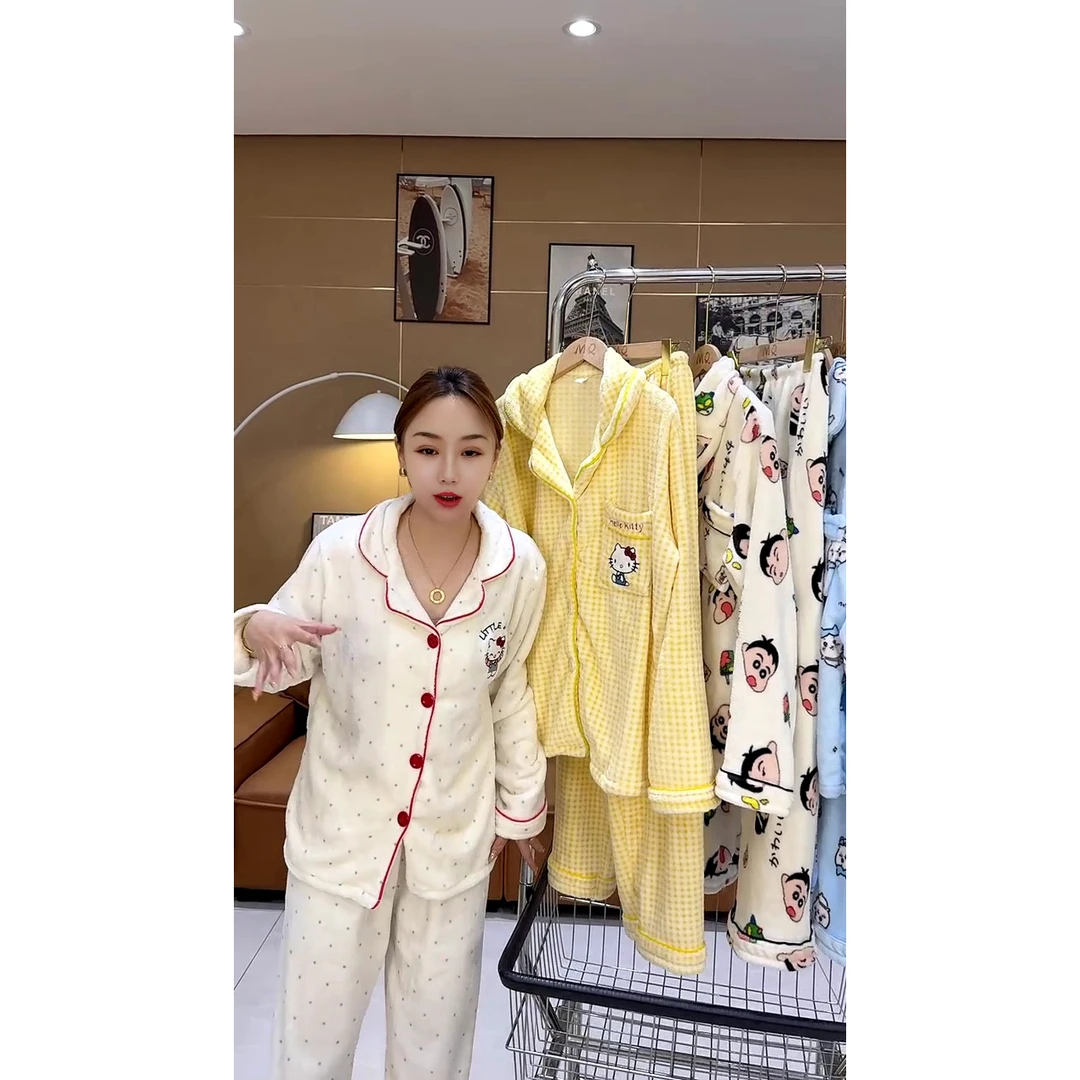 冬季时尚双面绒感卡通睡衣两件套家居服