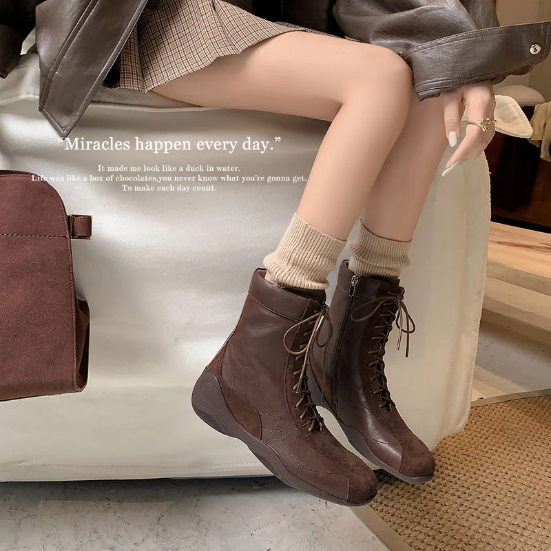 4690/休闲运动底时尚短靴牛皮拼接牛翻皮系带短靴