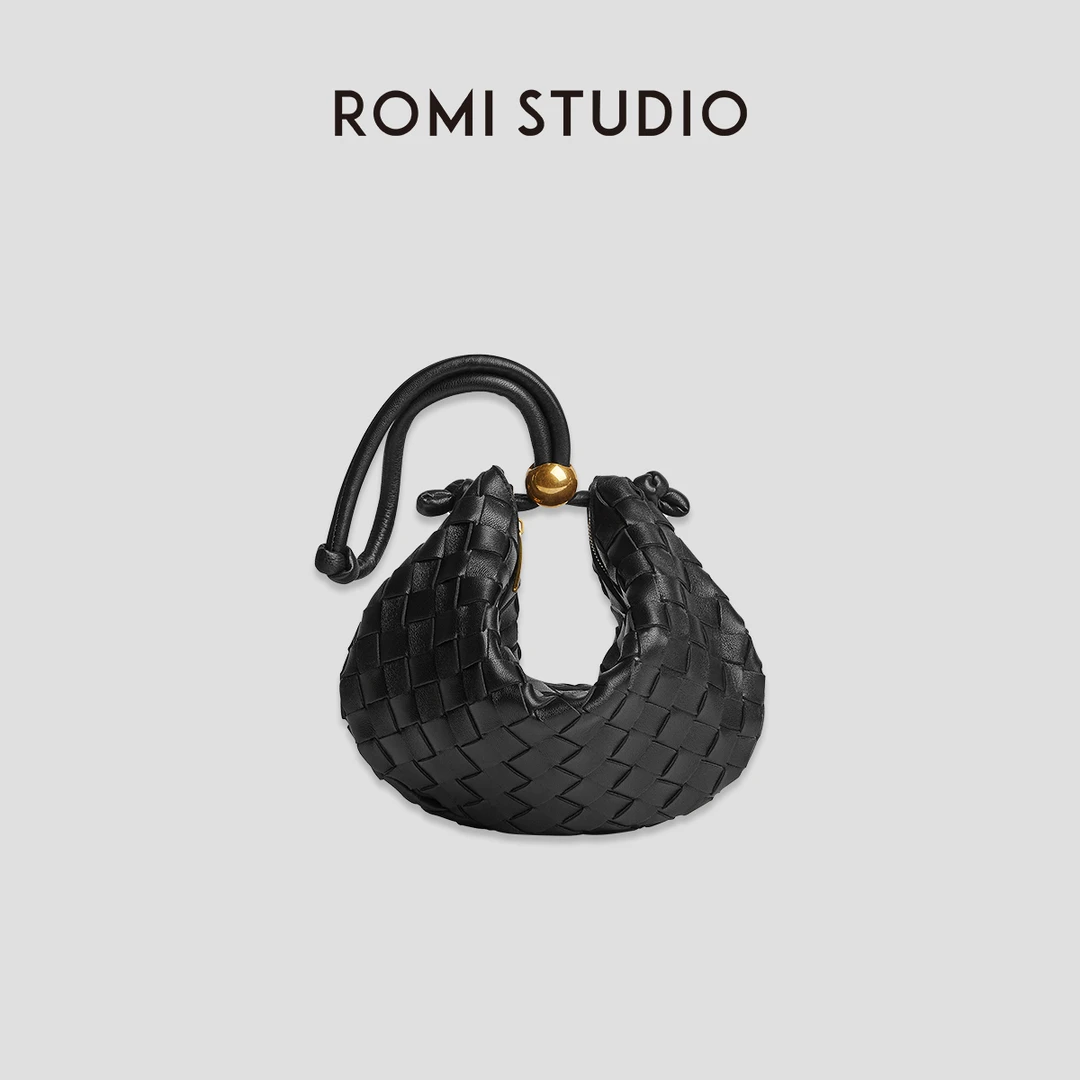 ROMI STUDIO“高定系列”纯手工羊皮编织可抽拉式金球手提包B3581