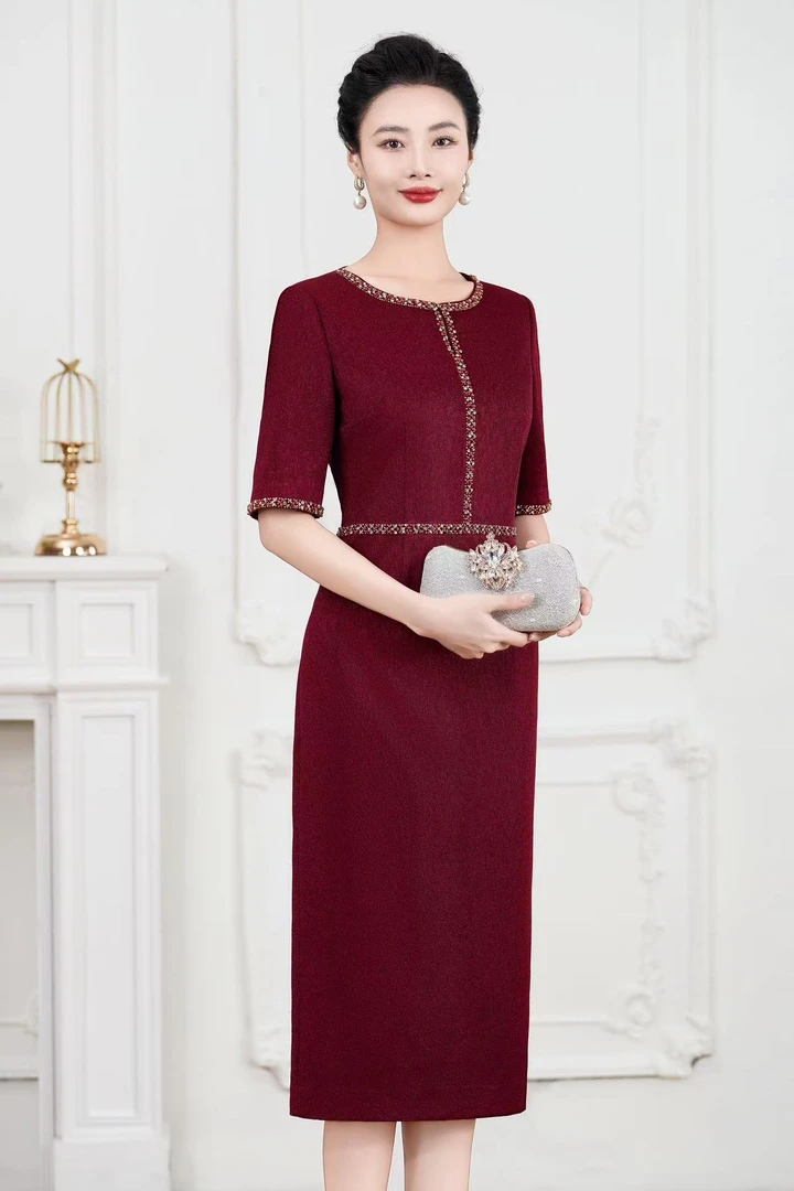 妈妈装礼服酒红色高端年轻款喜婆婆中式夏季显瘦婚礼中国风旗袍