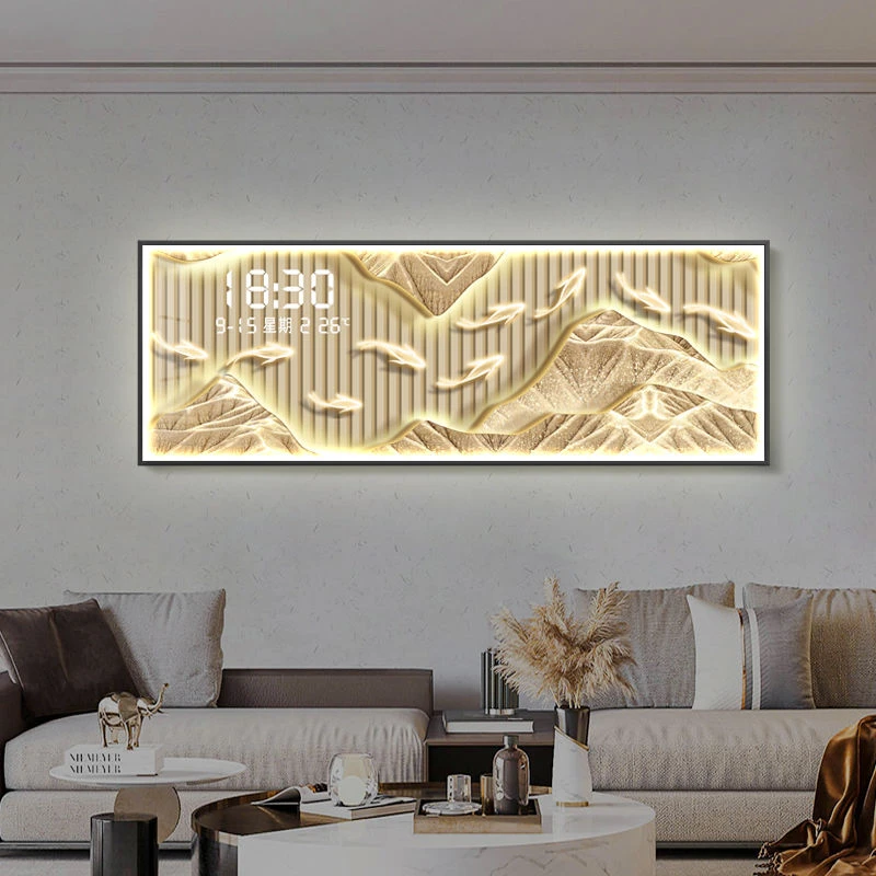 客厅装饰画钟表高级插电人体感应LED灯数显时钟挂画背靠金山壁