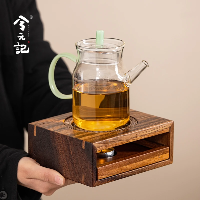 兮元记胡桃木温茶炉套装耐热玻璃茶壶家用泡茶器绿柄日式仿宋执壶