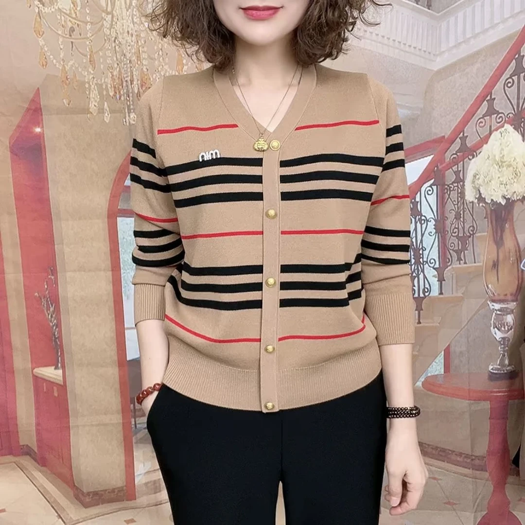 时尚设计感V领条纹针织衫女士2025早春新款休闲韩版宽松长袖毛衣