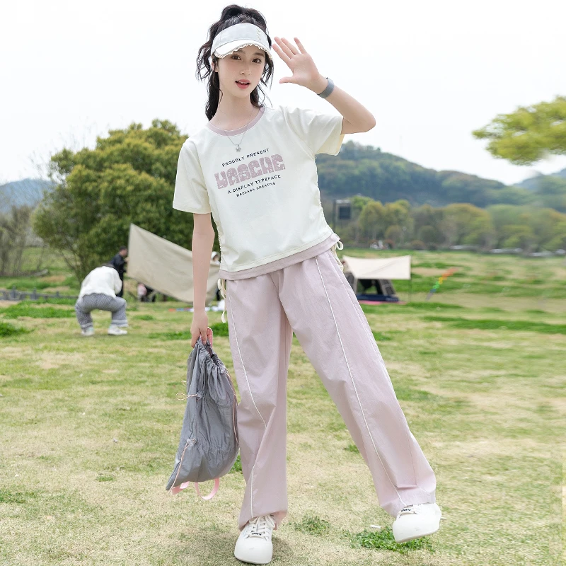 女童夏装2025新款中大童洋气时髦宽松短袖T恤女孩休闲运动两件套