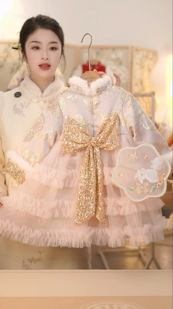 现货【千金】GF079女童冬季加绒加厚后背大蝴蝶结国风旗袍裙礼服