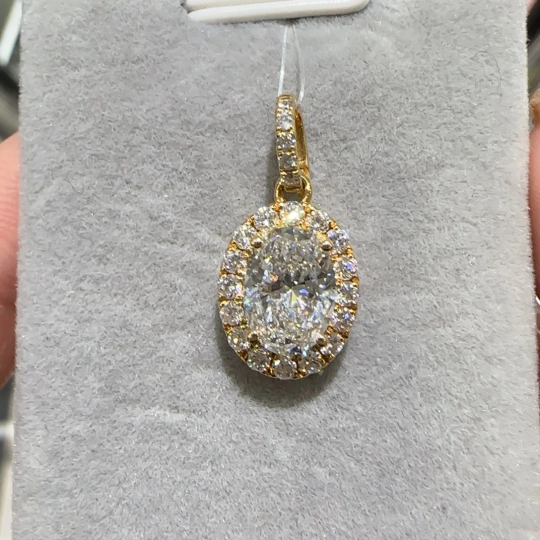 18K金镶嵌实验室培育钻石颈饰复古椭圆围镶吊坠1卡