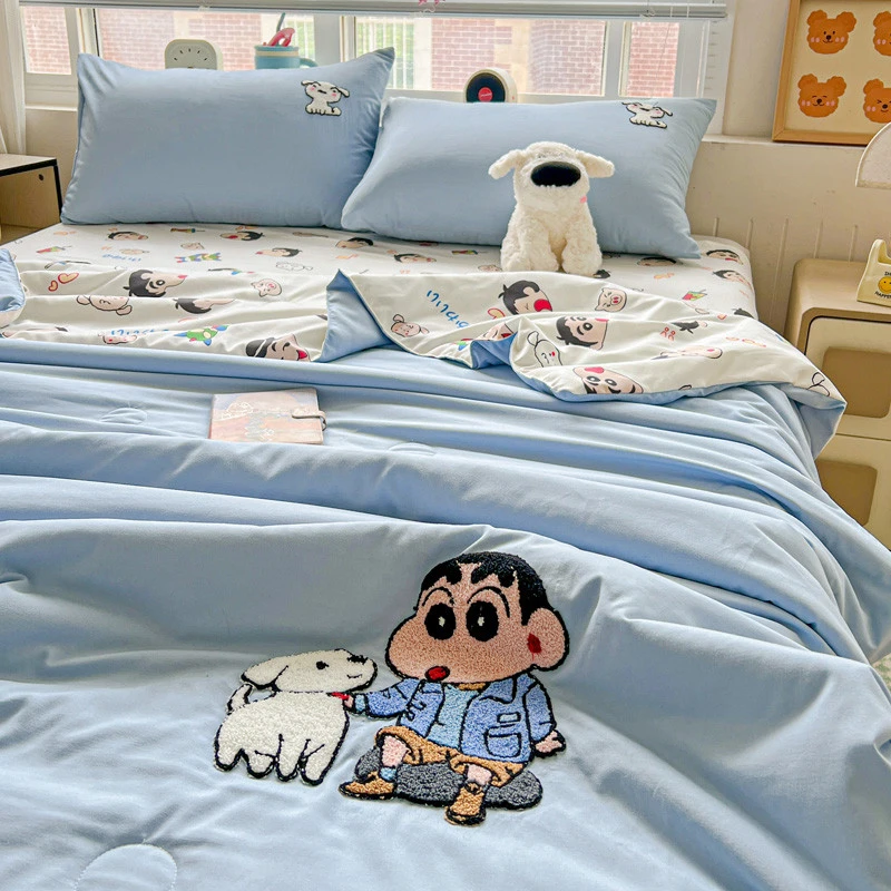 ins少女奶油蓝卡通蜡笔小新毛巾绣夏凉被四件套夏季空调被薄被子