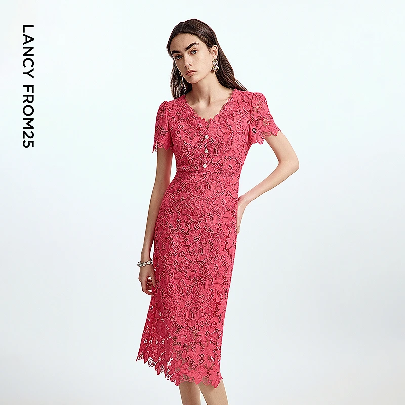 朗姿V领气质修身蕾丝收腰镂空高级感轻礼服2025年秋季新款连衣裙