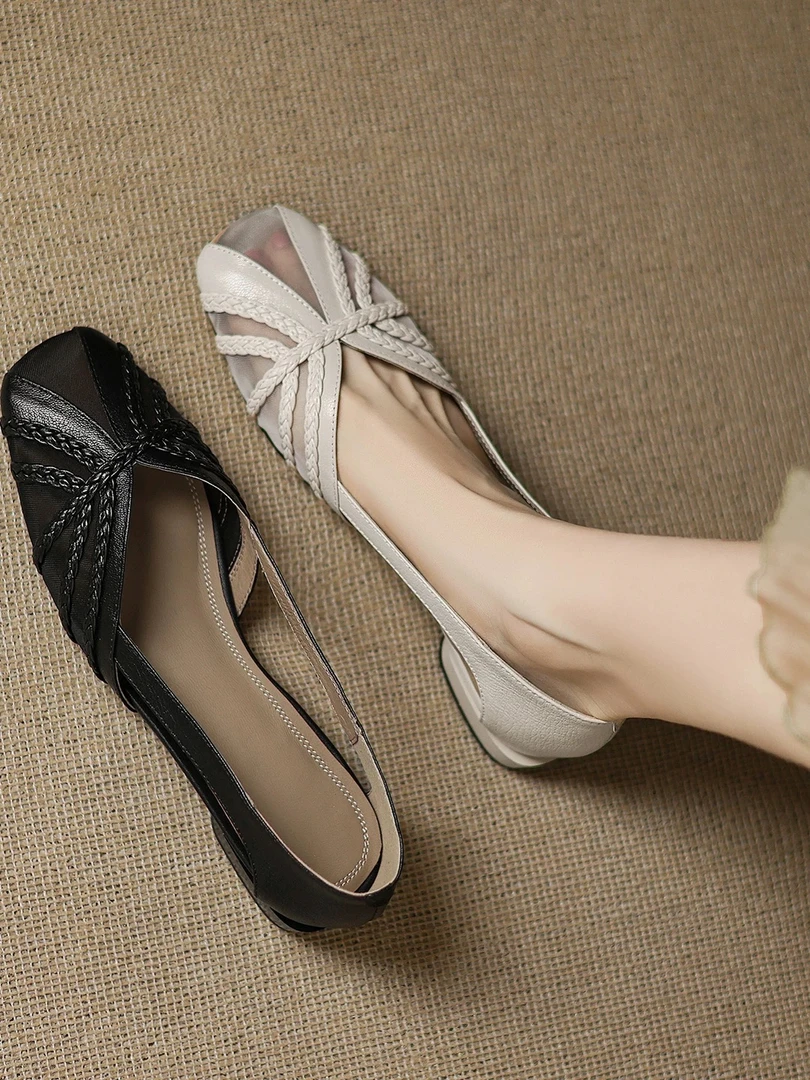 法式复古方头网纱编织粗低跟包头凉鞋女2025夏新款真皮晚晚风单鞋