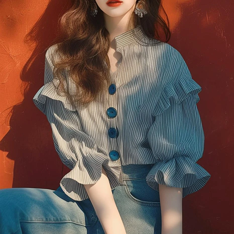 2025夏季新款独特条纹衬衫洋气复古设计感高级泡泡袖上衣小众别致