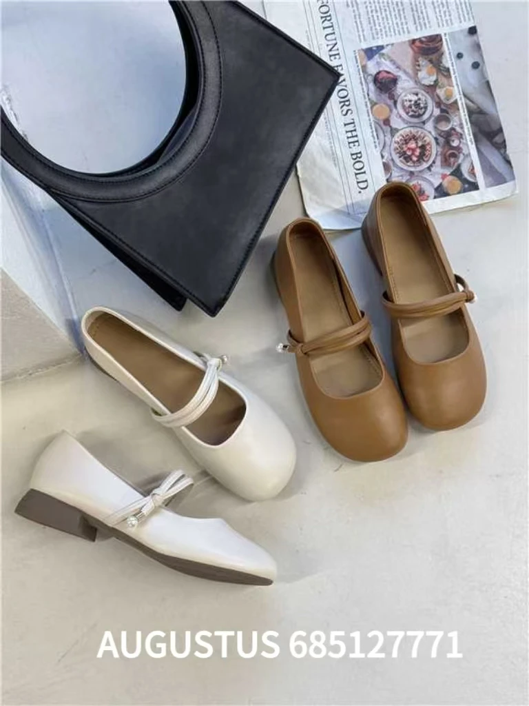 学院风平跟方头浅口单鞋复古夏季百搭平跟真皮软底平底