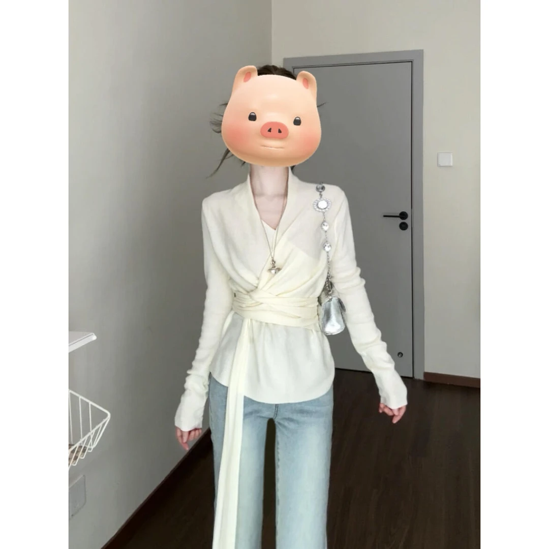 现货 多种穿法法式交叉针织上衣气质温柔松紧弹力百搭女秋